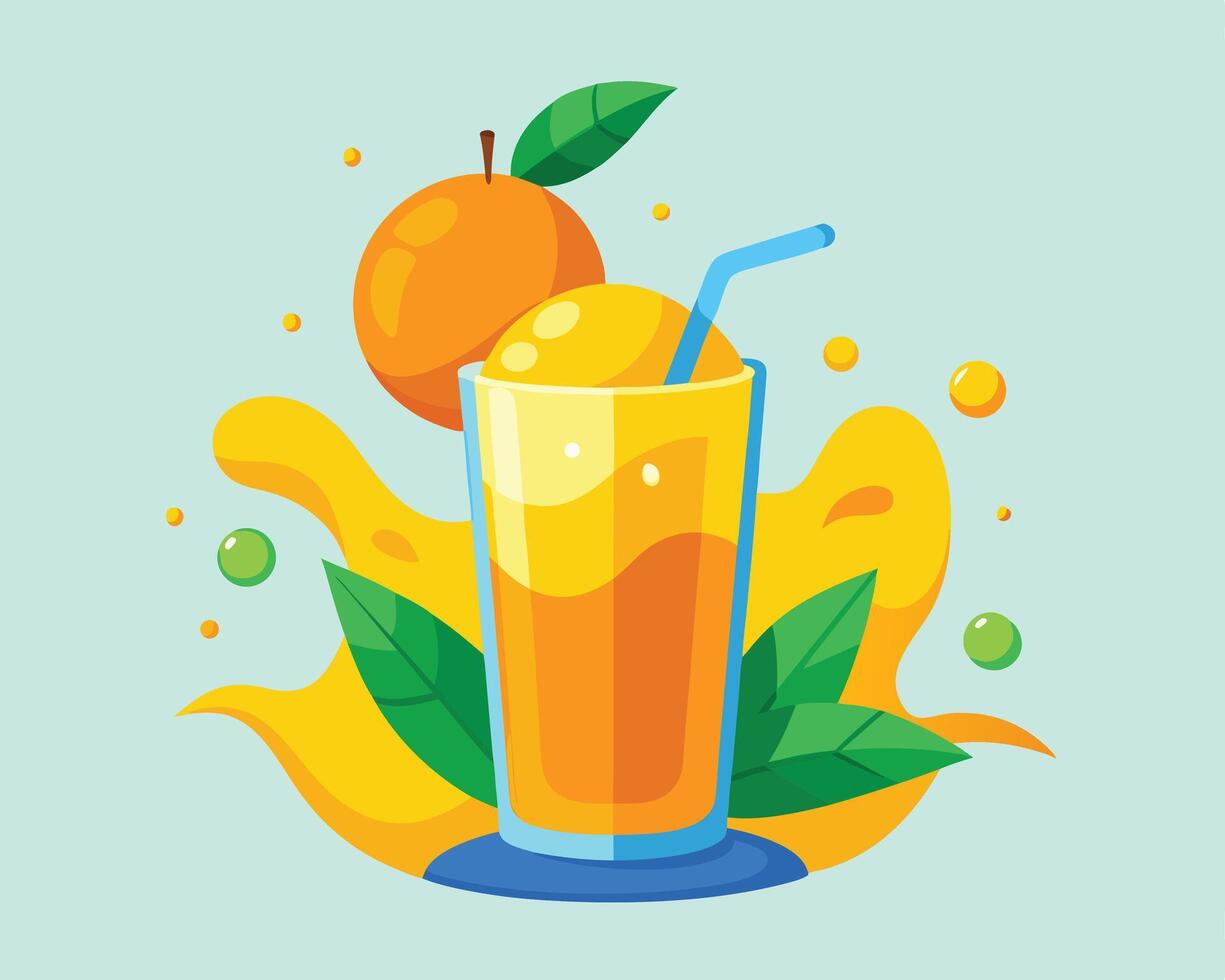 illustration of refreshing orange juice with orange fruit and green leaves for healthy summer drinks. vector