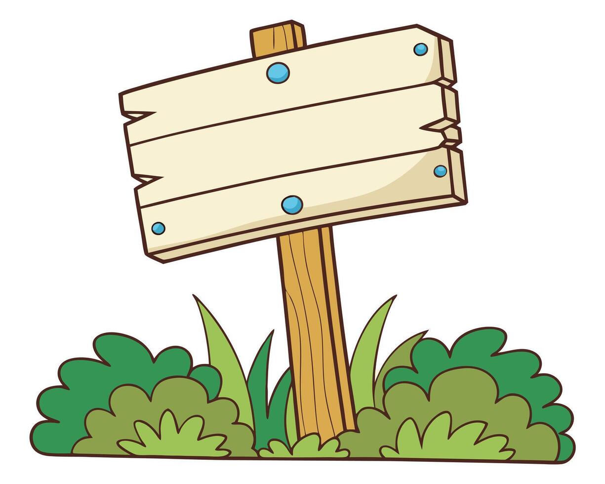 Cartoon style wooden blank signpost set in the green grass ready for messages. vector