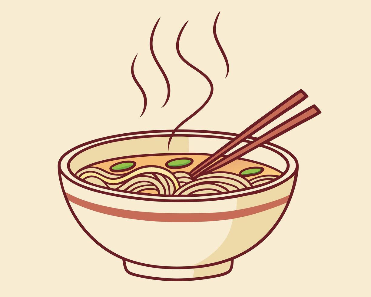 Delicious bowl of steaming ramen noodles with chopsticks simple and vibrant food illustration vector