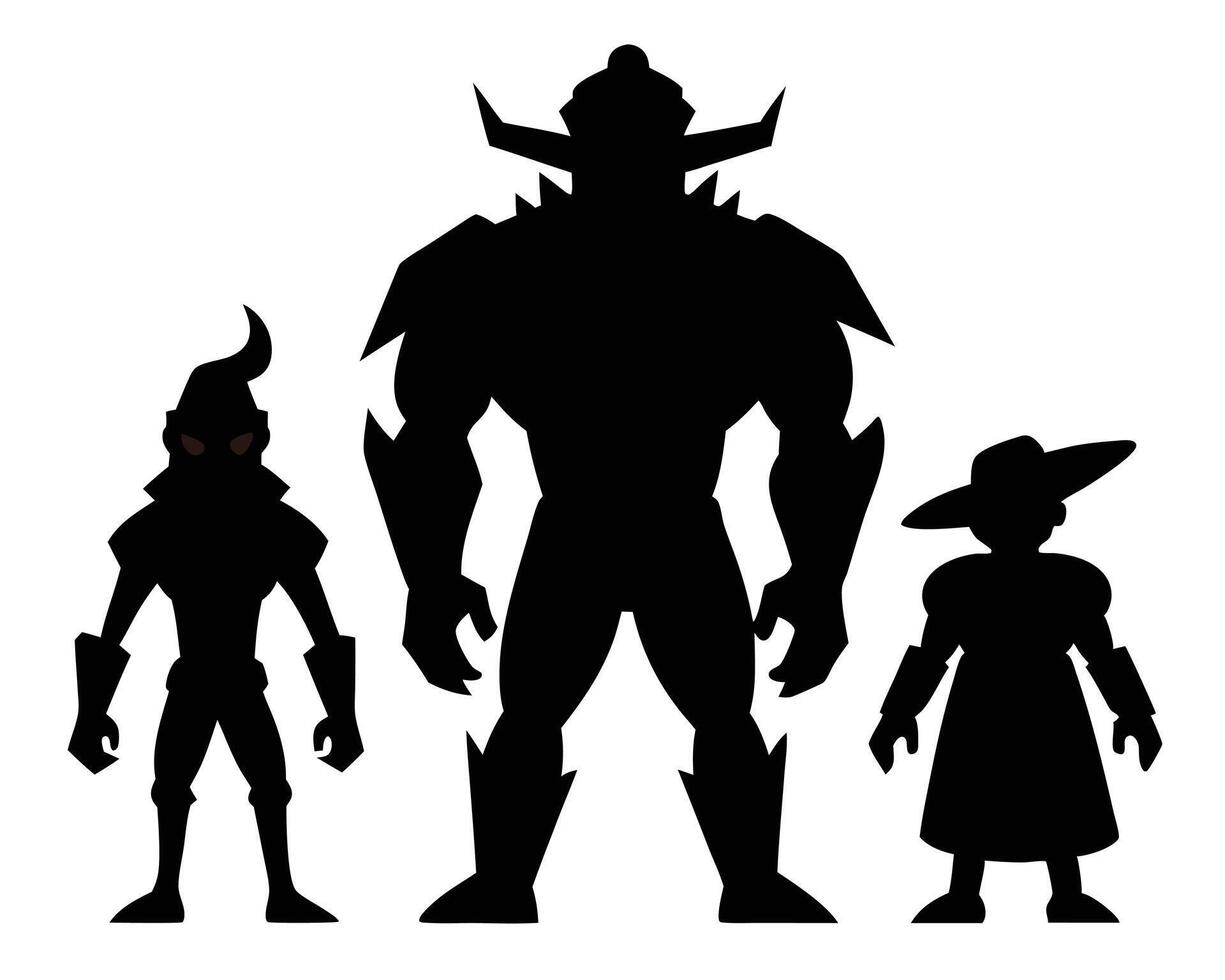 Silhouetted stylized characters of varying sizes depicted against a clean white background. vector