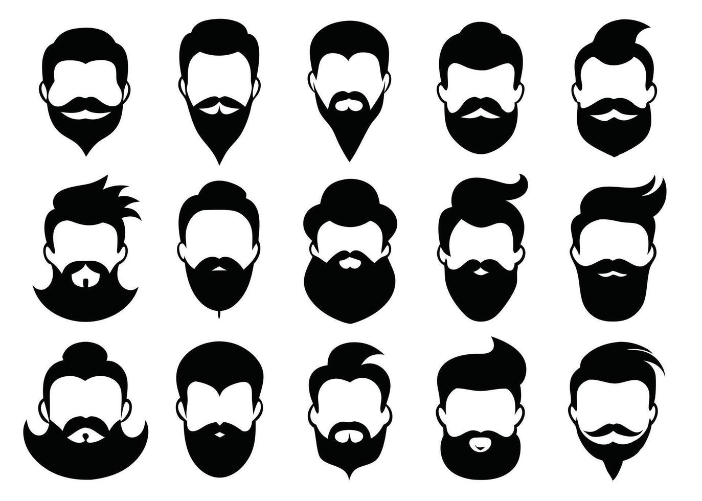 Collection of different men's hairstyles and beard styles silhouettes in black and white for design purposes vector