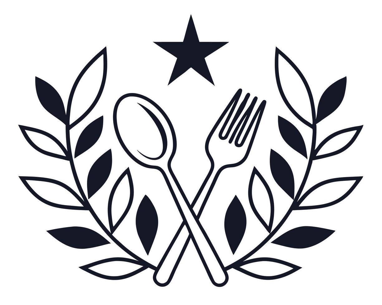 Elegant black and white restaurant logo design featuring a spoon fork star and decorative leaves vector