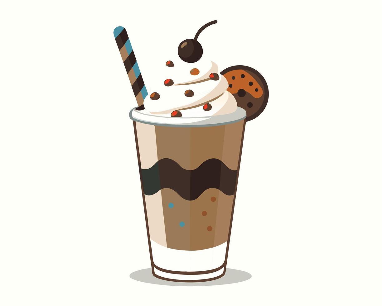 Delicious illustrated milkshake with whipped cream chocolate cookie and cherry topping for refreshment vector