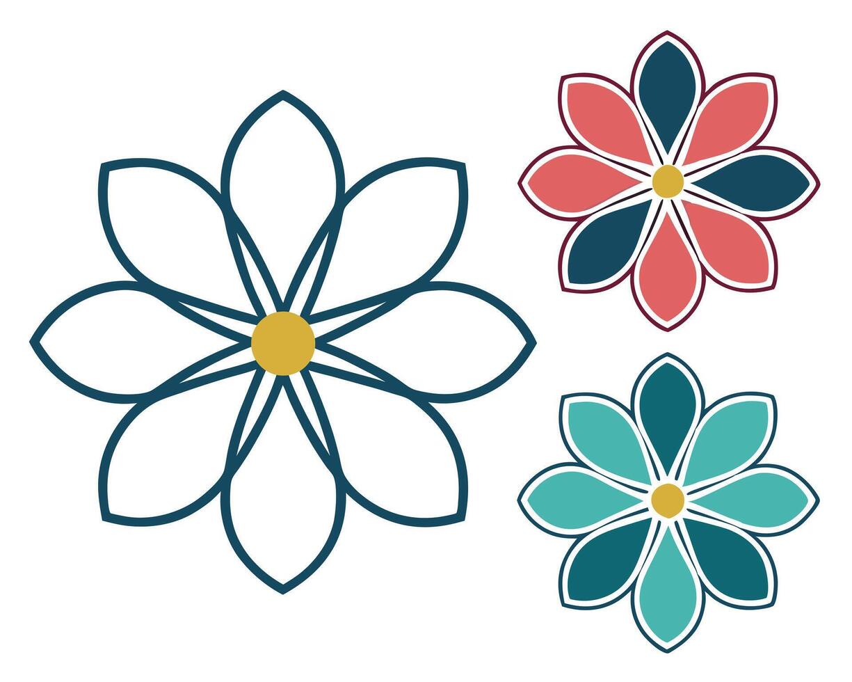 Three decorative floral designs featuring simplified flower illustrations in teal pink and aqua on white background vector