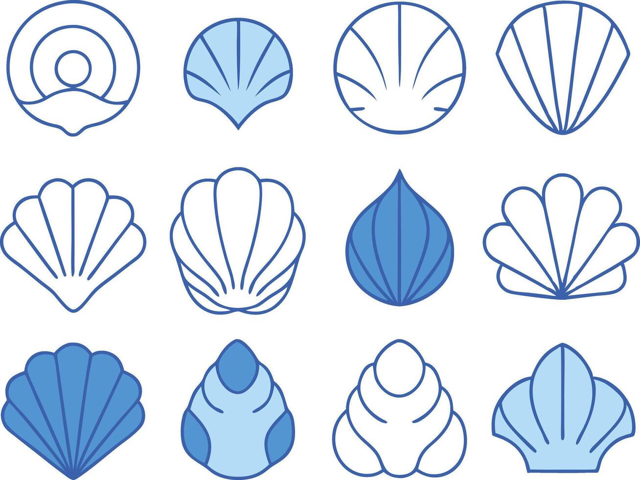 Set of twelve stylized blue seashell illustrations showcasing various shapes and forms on a white background vector