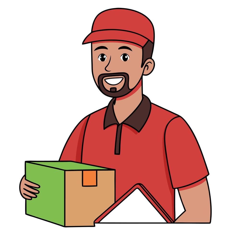 Delivery man holding a package delivering packages to customer doorstep illustration vector
