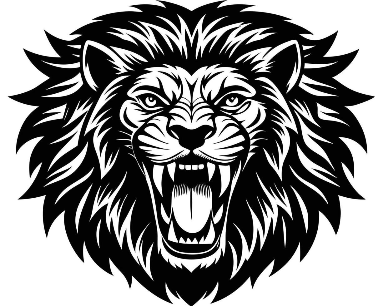 Powerful black and white lion head illustration with detailed fur and intimidating expression roaring loudly vector