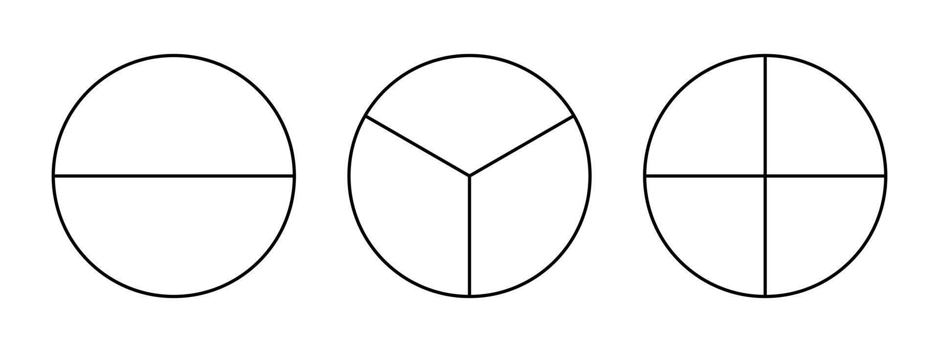 Divided circle in two, three, four segments. Pizza rounded shape, pie shape cut in 2,3,4 equal slices. Black simple line chart. Outline style. vector
