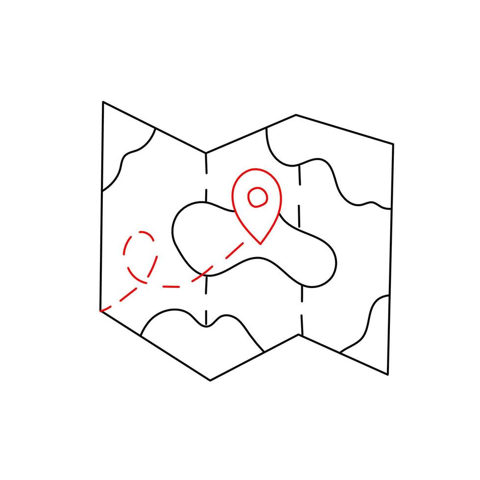 Paper folded map with a route editable doodle hand drawn icon. Map for camping, hiking, local tourism illustration vector