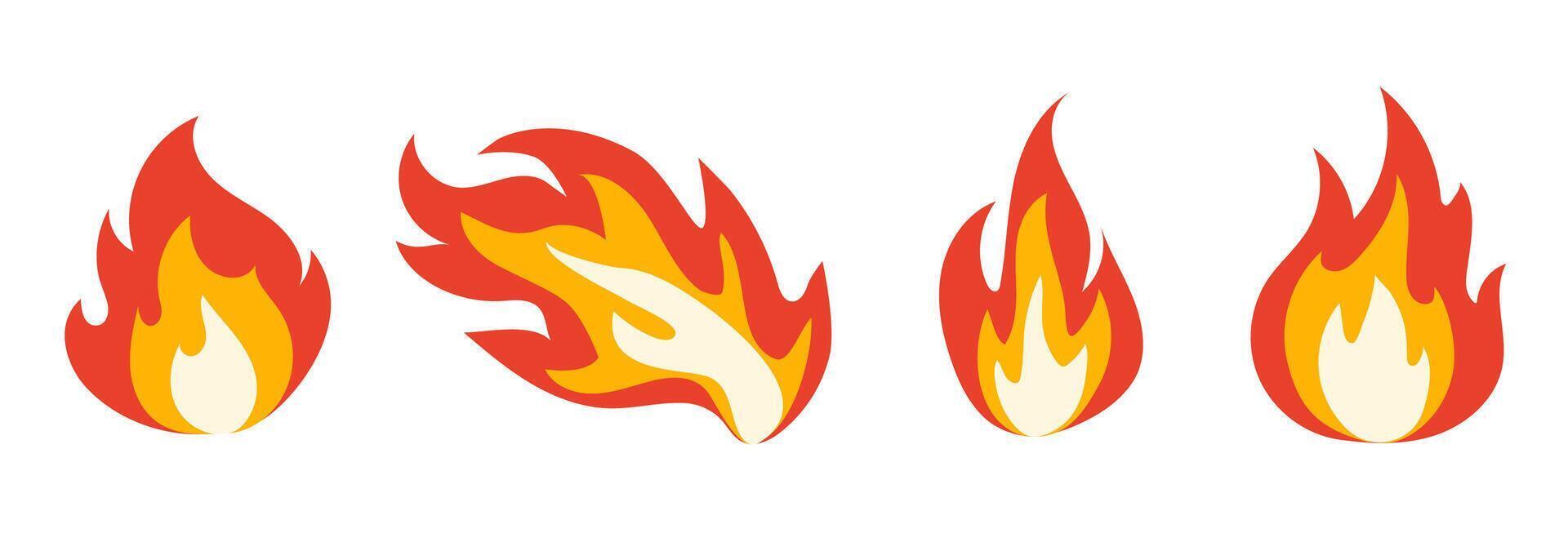 bright burn flame icon set isolated on white background. Hot fire flat clipart collection. Burning fireball signs vector