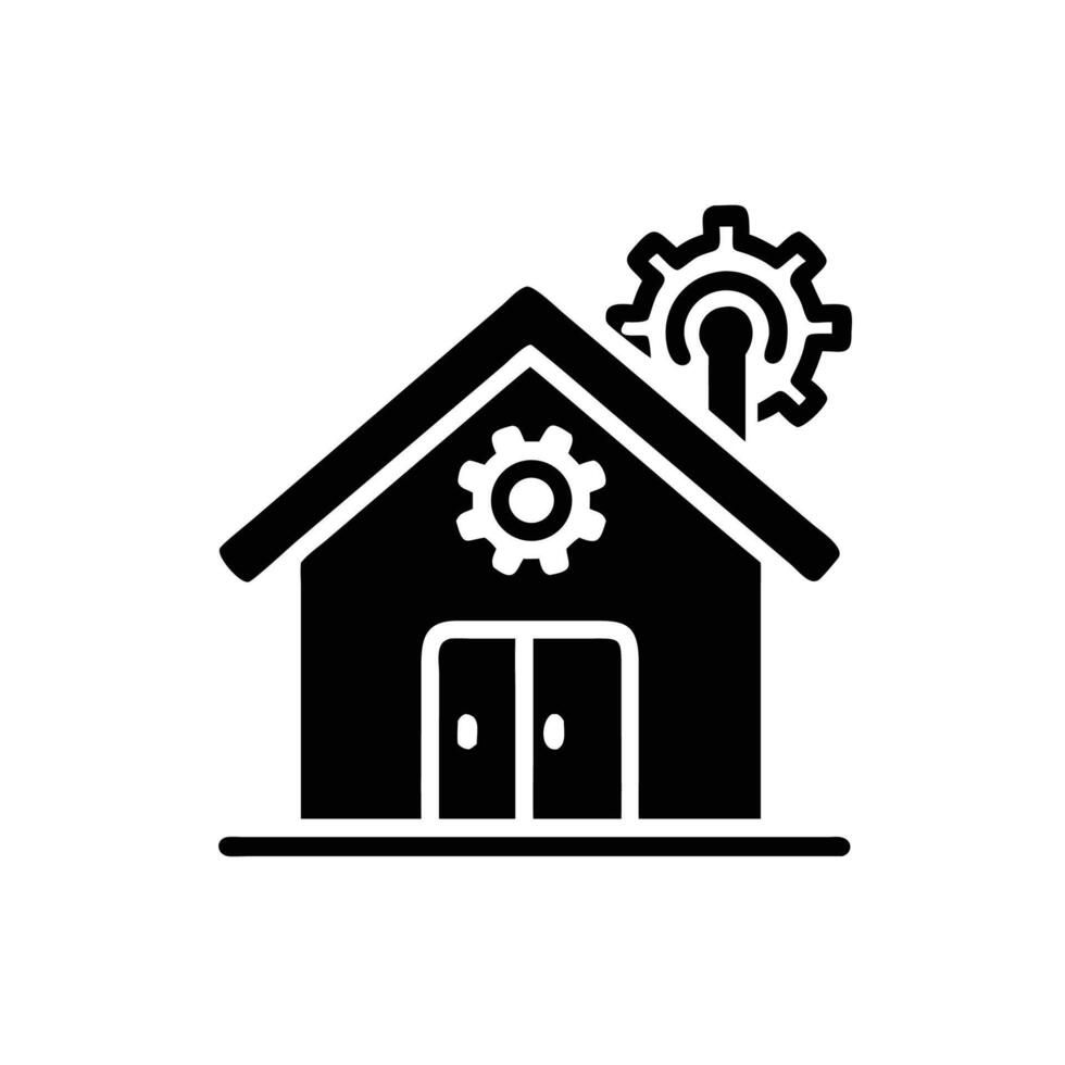 A black and white icon of a house with a gear vector