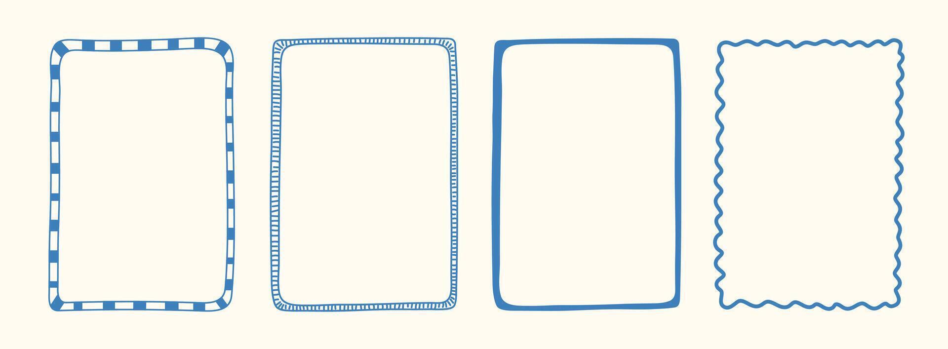 Hand drawn Italian postcard stamp set. Vintage Italy summer doodle borders. Whimsical minimal blue frames. Coastal mediterranean elements for menu, print, wedding, invitation. Isolated illustra vector