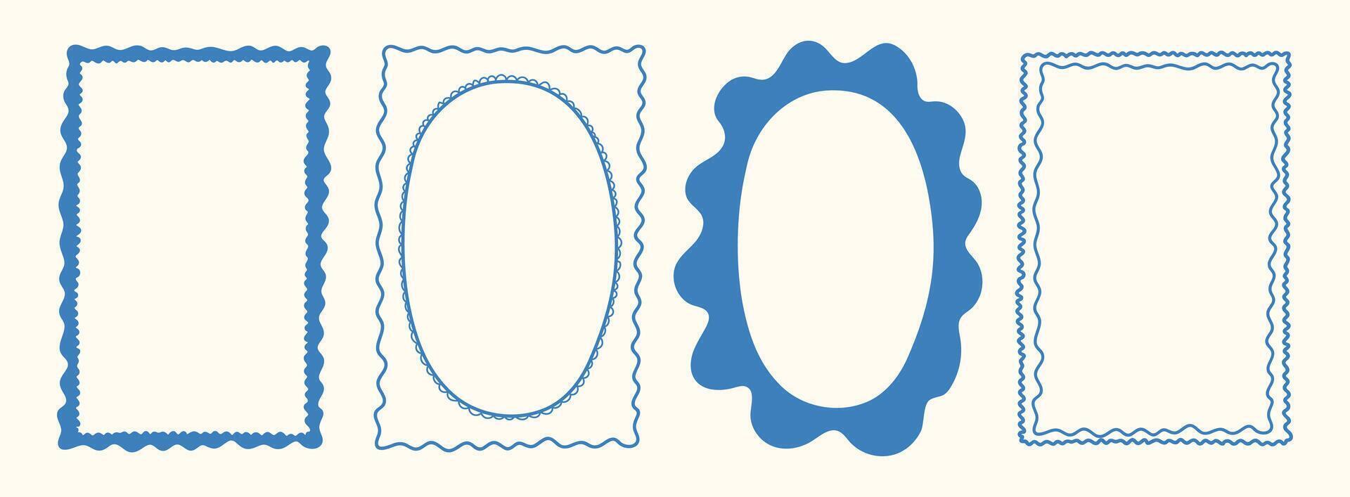 Hand drawn Italian postcard stamp set. Vintage Italy summer doodle blue border set. Whimsical minimal frames for menu, wedding, prints, invitation. Coastal vacation Isolated illustration. vector