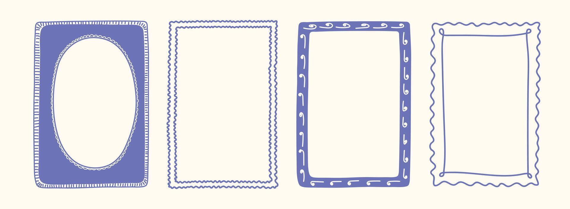 Whimsical hand drawn Italian postcard stamp set. Minimal blue frames. Vintage Italy summer doodle borders. Mediterranean elements for menu, wedding, invitation, print. Coastal Isolated illustra vector