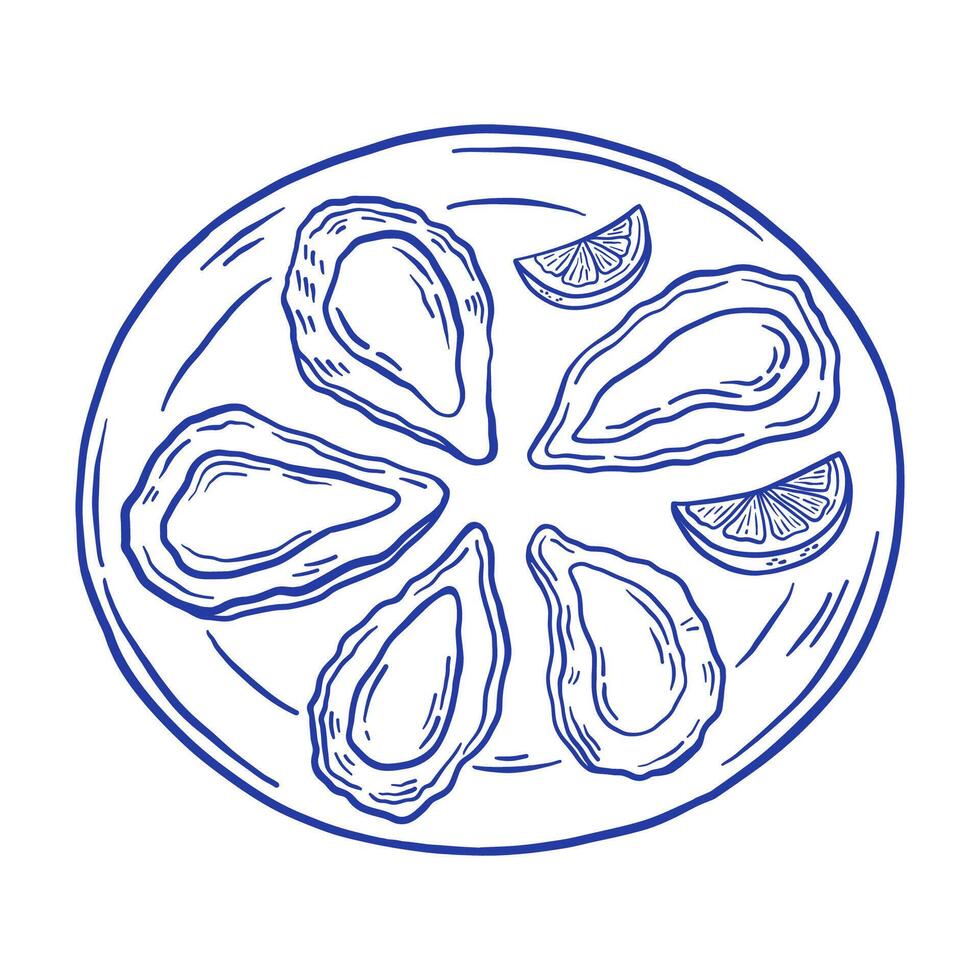 Hand drawn oyster plate with lemon illustration. Doodle seafood mussel delicacy. La dolce vita Italian style. vector