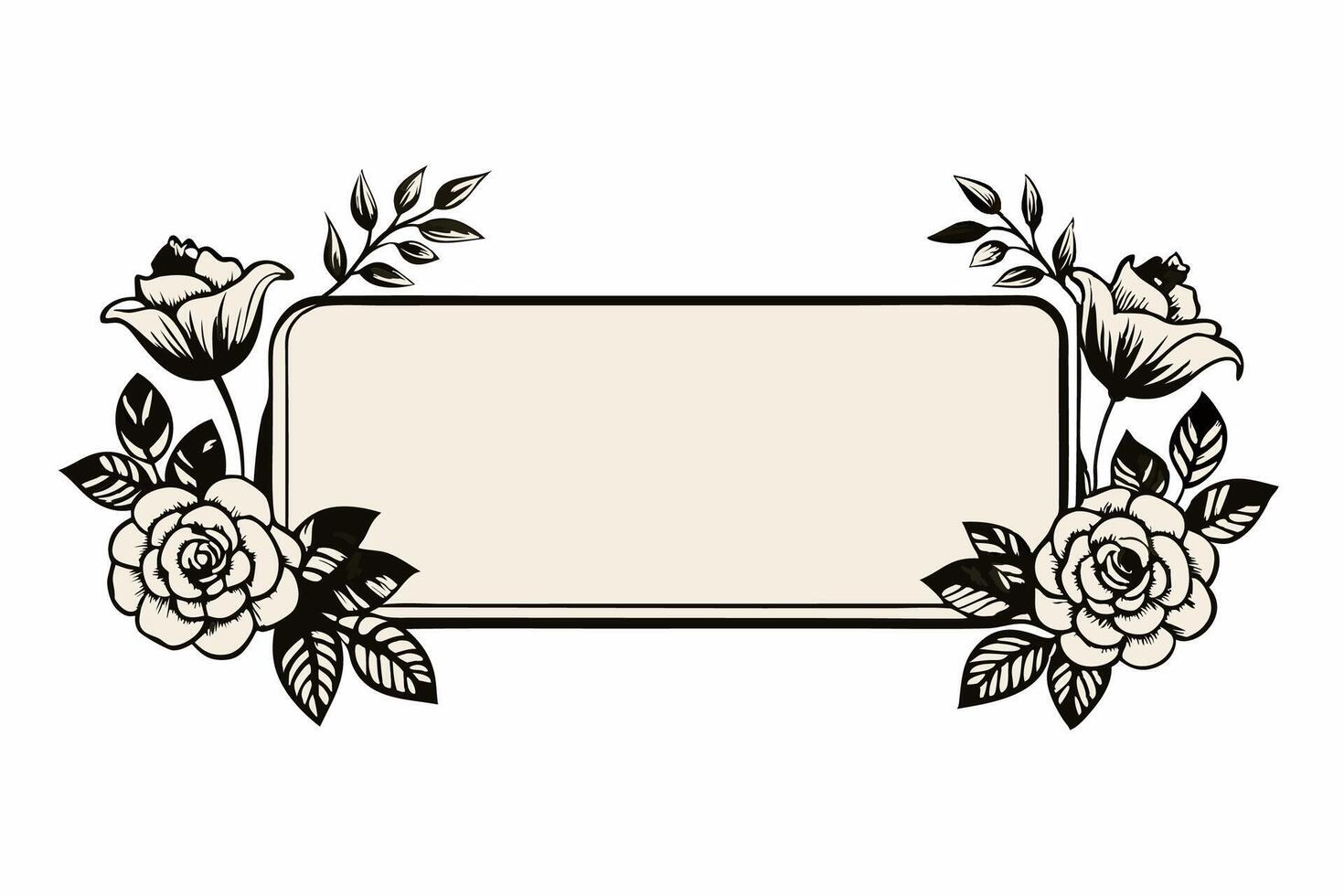 Beige Rectangular Frame with Black Floral Design Roses Leaves vector
