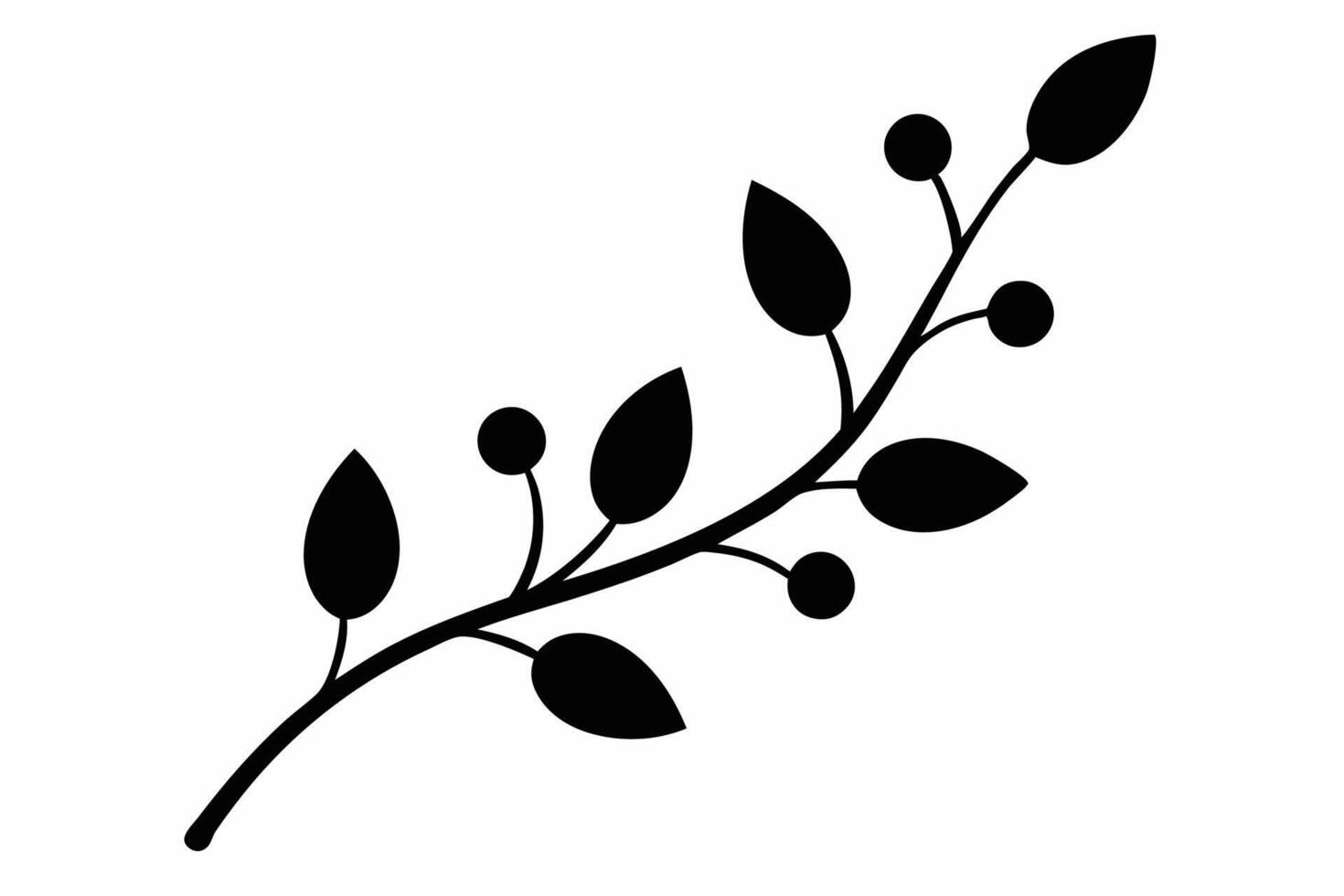 Black Silhouette Delicate Branch Small Leaves Berries 2 vector