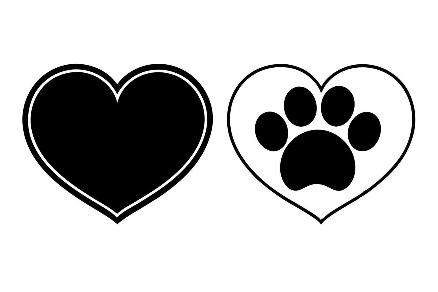 Two Black Hearts Side by Side One with Paw Print animal paw vector