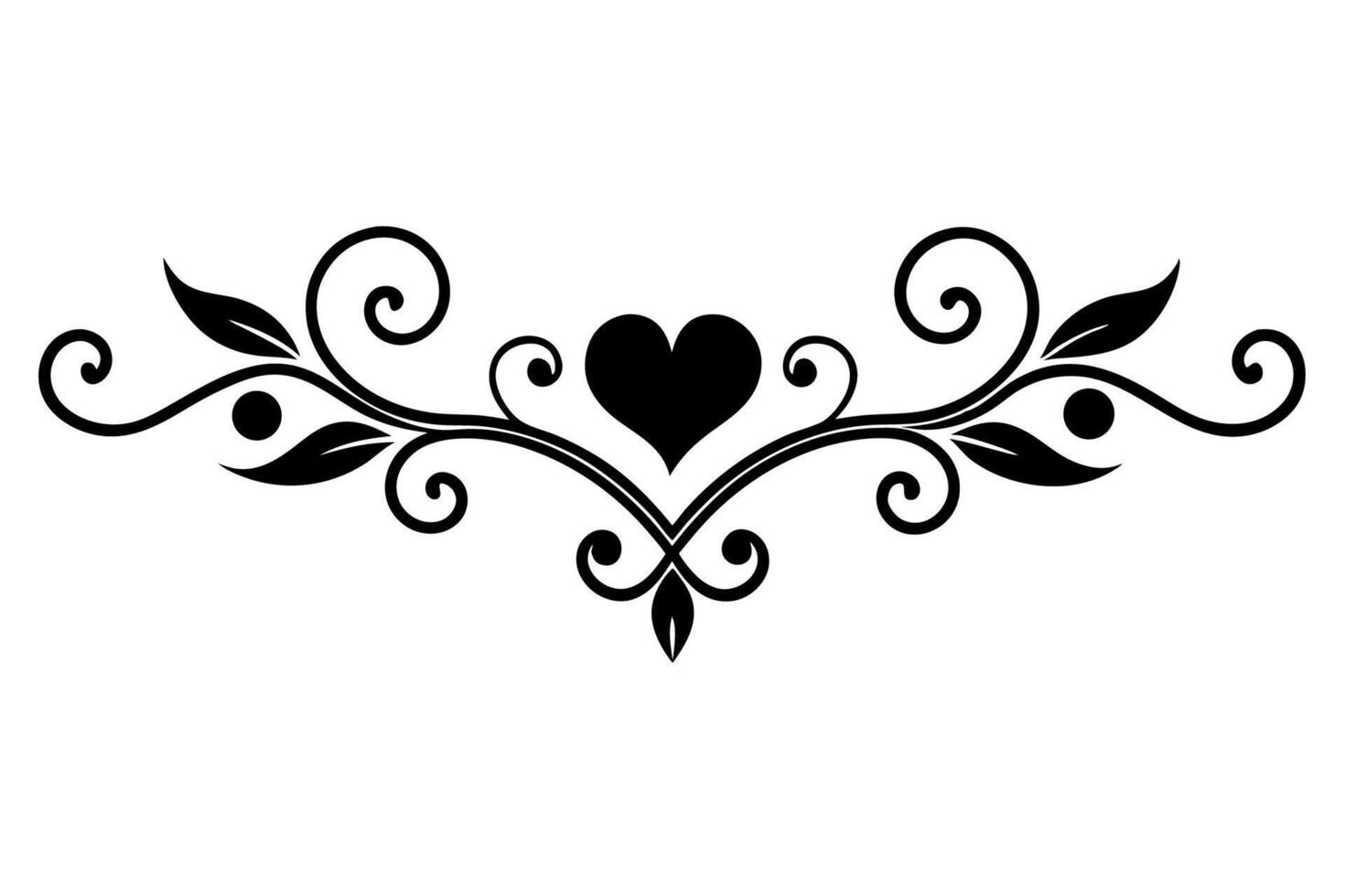 A black and white heart with swirls and leaves vector