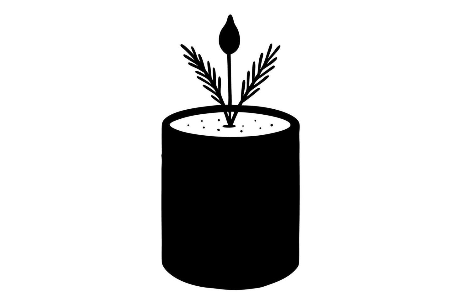 A black and white illustration of a candle with a sprig of pine vector