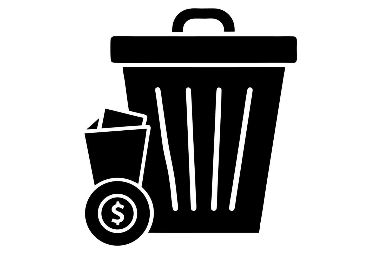 A black and white trash can with money inside vector