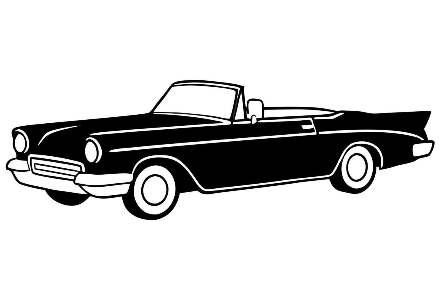 An old car is shown in black and white vector
