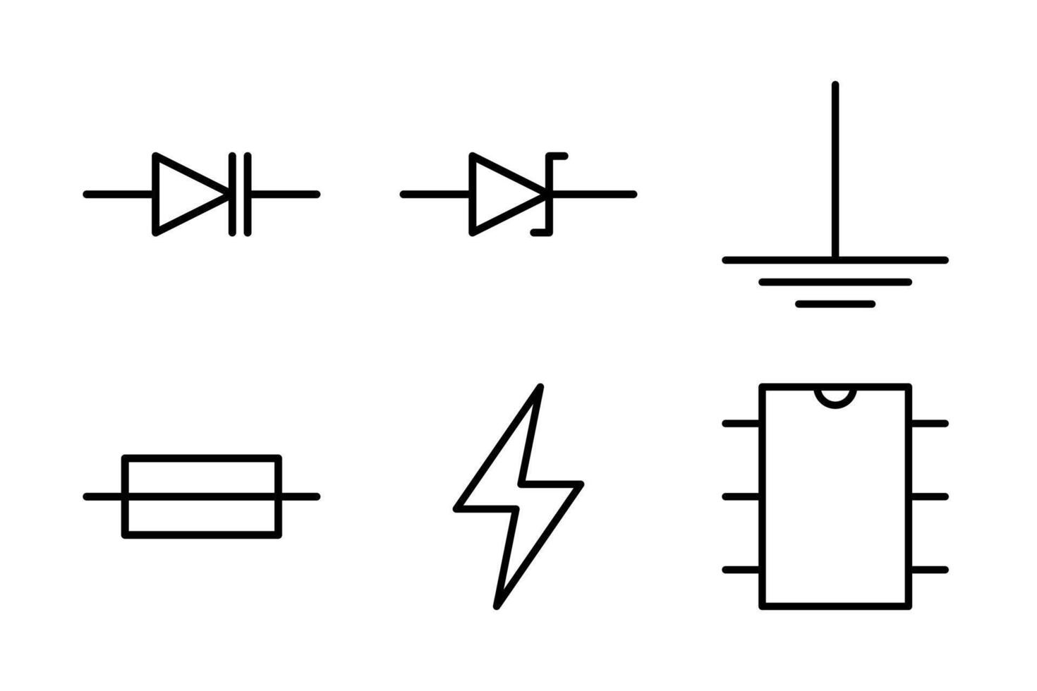 Icons of Zener diodes, grounding, and fuses for circuit schematics and electronics design. vector