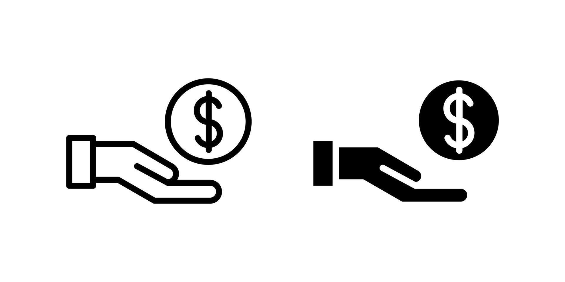 Investment icon set showing hand with currency symbol for capital funding, loans, or donations vector