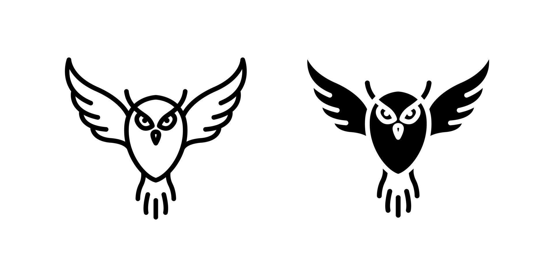 Majestic flying owl icon set viewed from the front, symbolizing wisdom, knowledge, and nocturnal animals. Ideal for education, nature, and mystery themes. vector