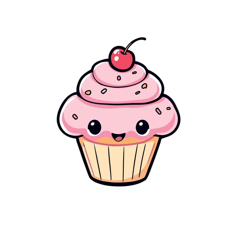 Cute Pink Cupcake illustration Sticker with Cherry for Kids and Adults vector
