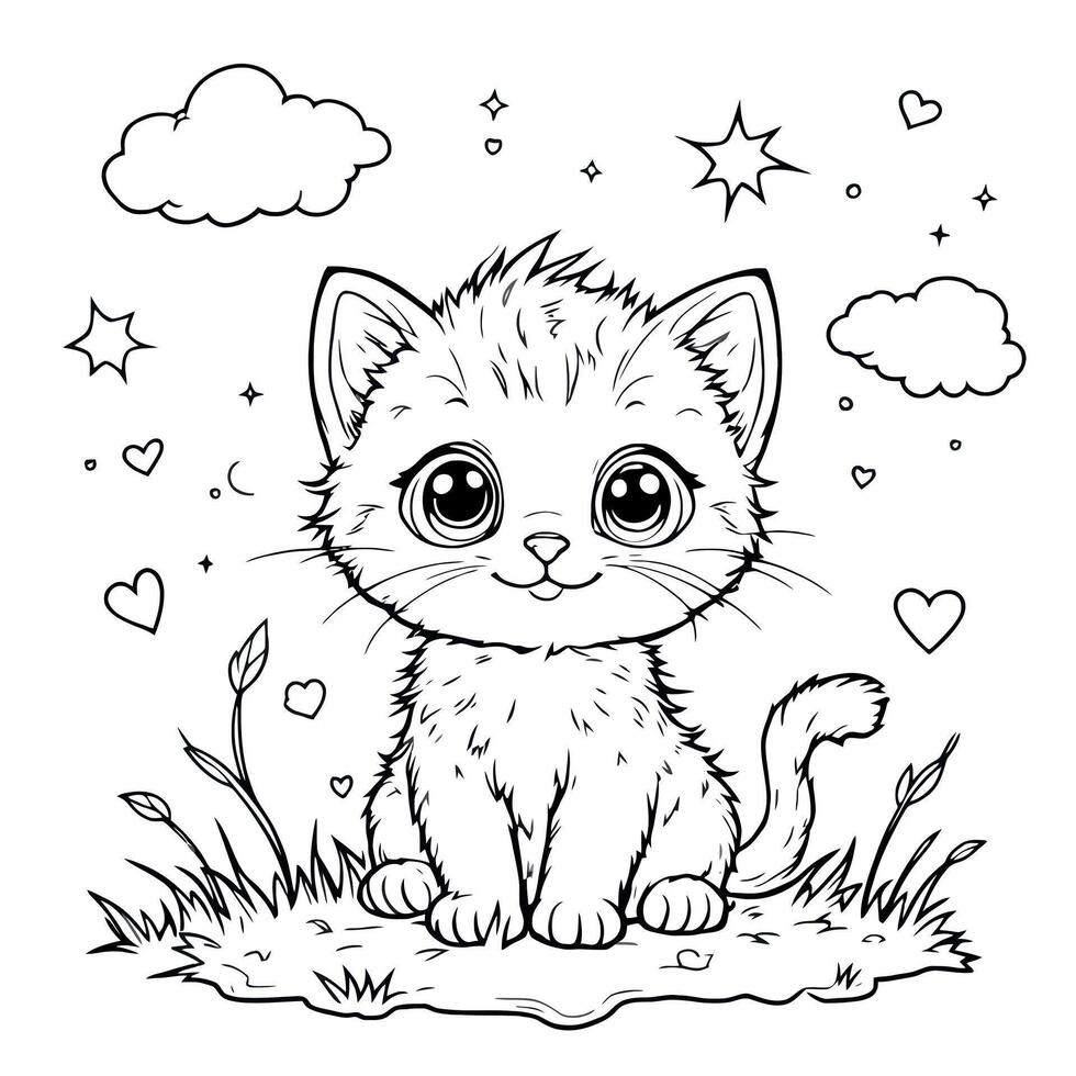 A Cute Kitten Sitting Down In the Grass Illustration Coloring Page vector
