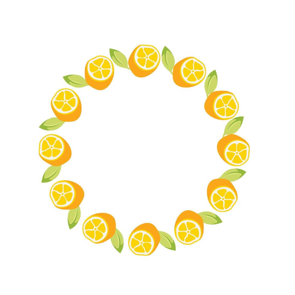 Round Lemon frame. Simple yellow Lemon slice Wreath with green Leaves. Slice of citrus and foliage. Decoration element for cards and seasonal decor, menu. flat illustration. vector