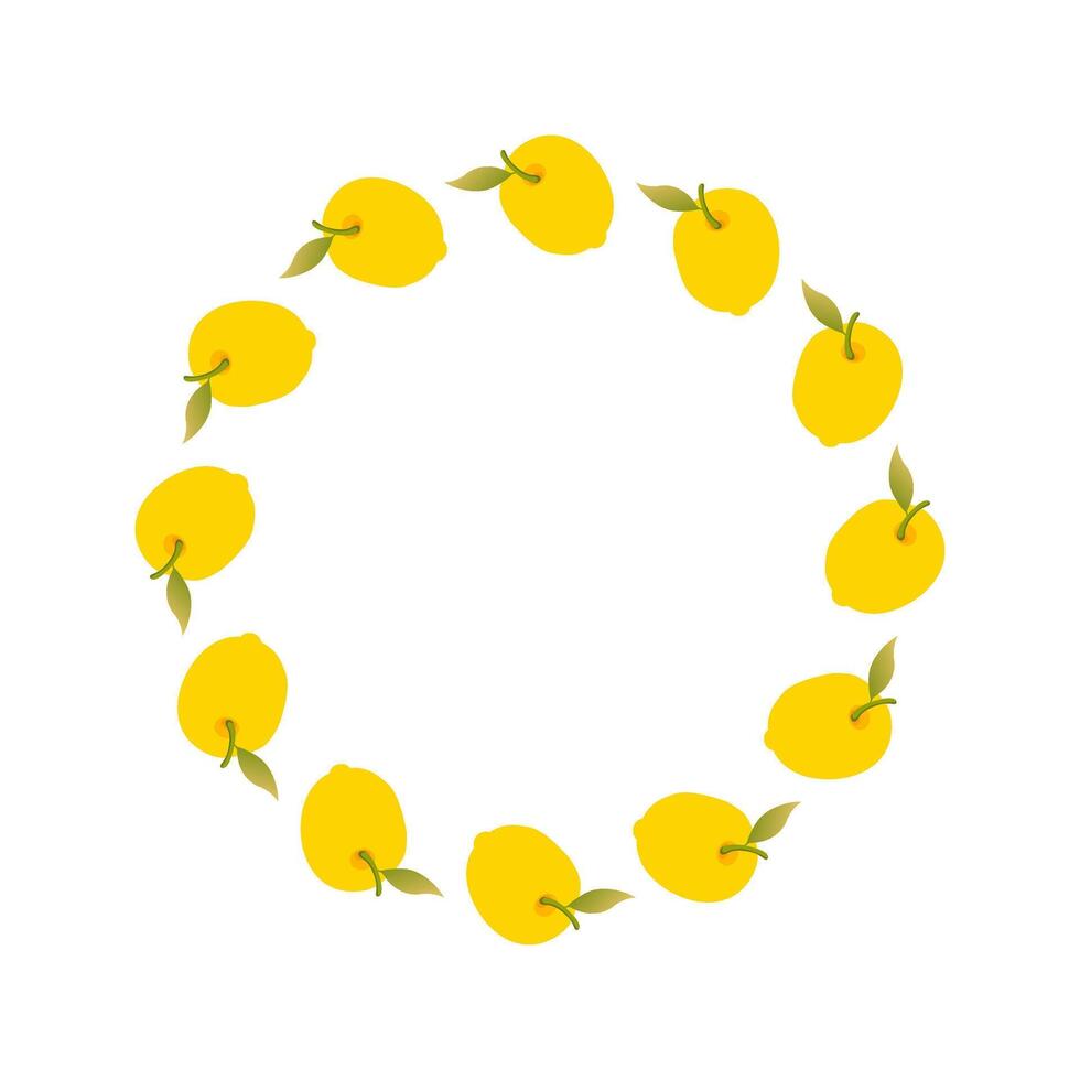 Yellow Lemon Wreath with green Leaves. Whole of citrus. Round Lemon frame. Decoration element for cards and seasonal decor. flat illustration. vector