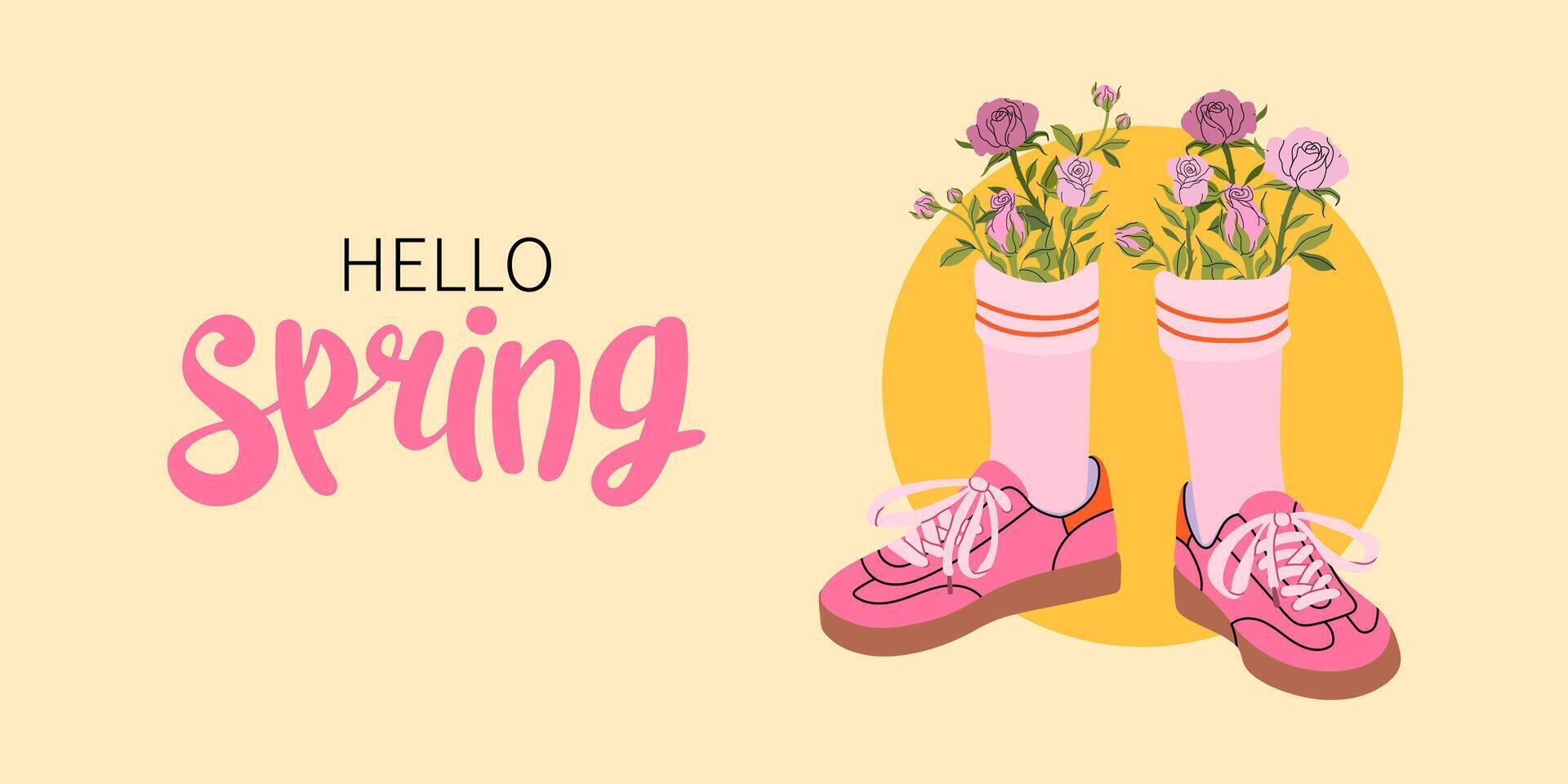 Creative flat spring banner with pink sneakers, flowers in socks and bright lettering. Great for seasonal promotions, web design, social media, poster, print, invitation. vector