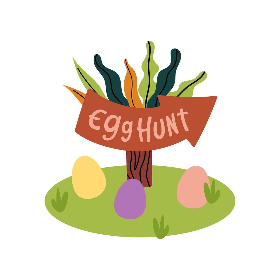 Bright flat illustration of Easter greeting card with egg, grass and sign. Perfect for spring holiday cards, banner, invitation, poster, web design, printable decor. vector