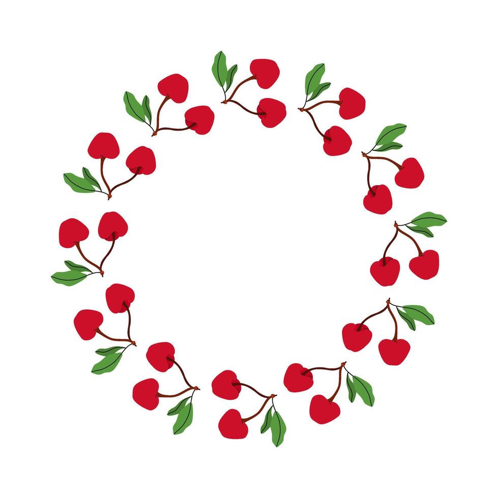 Summer floral wreath with two cherries on branch. Round frame of berries and leaves on twig. Decoration element for cards and seasonal decor. flat illustration. vector