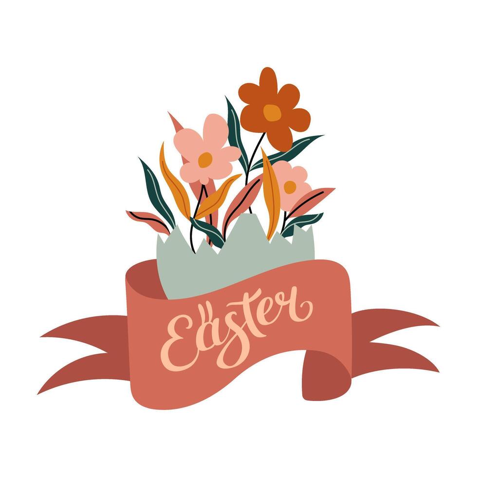 Easter card with festive floral arrangement, egg, ribbon and holiday lettering. Suitable for greeting card, poster, printable, invitation. Hand-drawn, warm spring vibe, festive design. vector