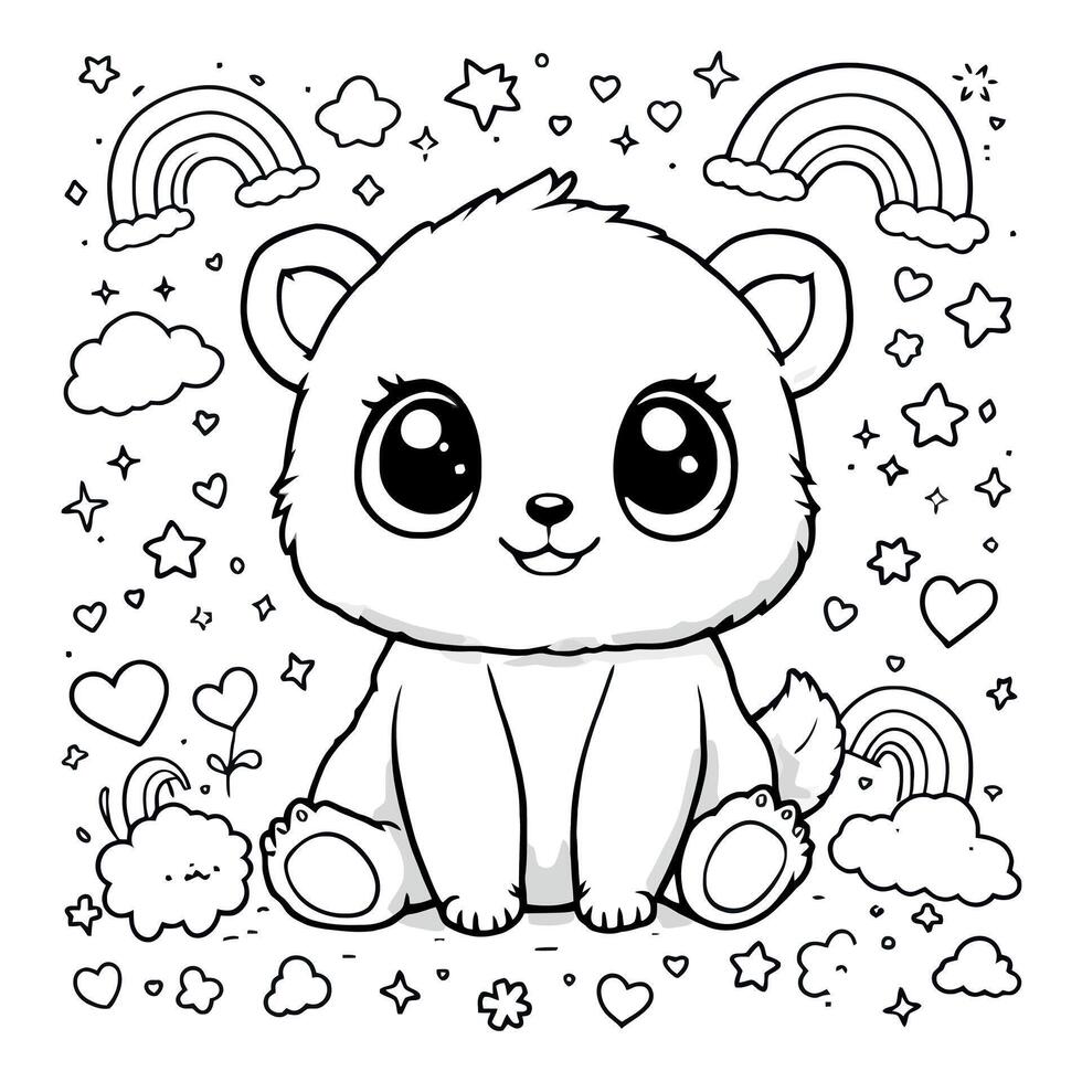 Cute Polar Bear Cub and Rainbows a Line Art Page vector