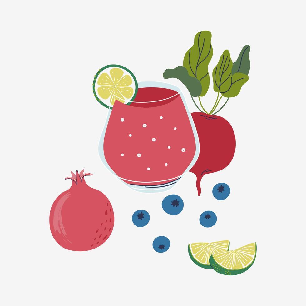 Glass of red drink, fruits, berries, vegetable. Healthy vegan smoothie, including blueberry, beetroot, pomegranate, lime. Menu element for cafe, restaurant. Flat design illustration. vector