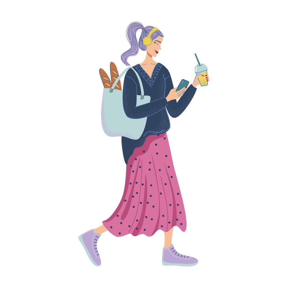 Young woman going with lemonade in hand, carrying baguettes in bag, texting and listen to music. Modern style girl in casual clothing, holding cold beverage in takeaway mug. Flat design illustration. vector
