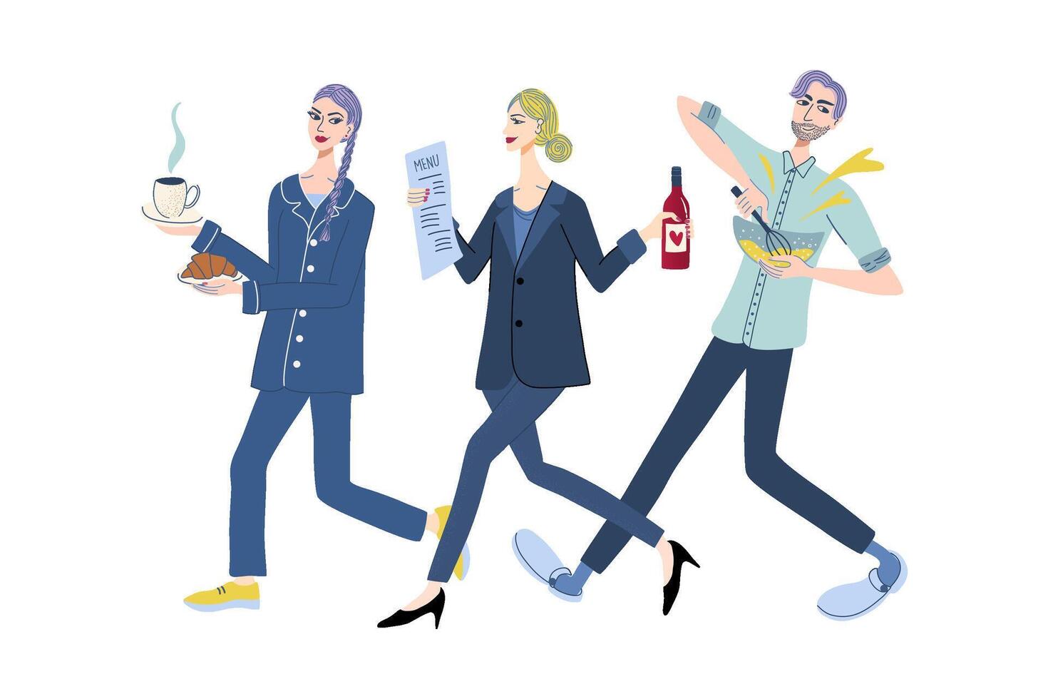 Restaurant staff. Set of cafe workers in uniform, including chef, waitress, hostess. Cute stylish characters for food service and hospitality designs. Professional team. Hand drawn illustration. vector