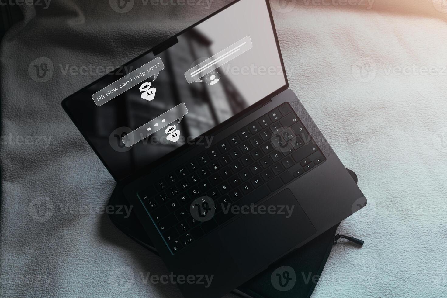 Chatbot conversation assistant screen on laptop. Online customer service with chatbot support. Artificial intelligence for contact us. photo