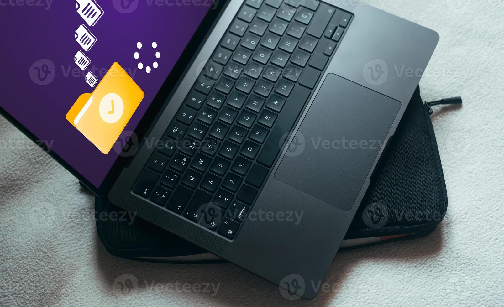 Online documentation database. Laptop with document management system DMS concept on screen. File Transfer Protocol Secure. Internet cloud technology. Exchange information and data storage. photo