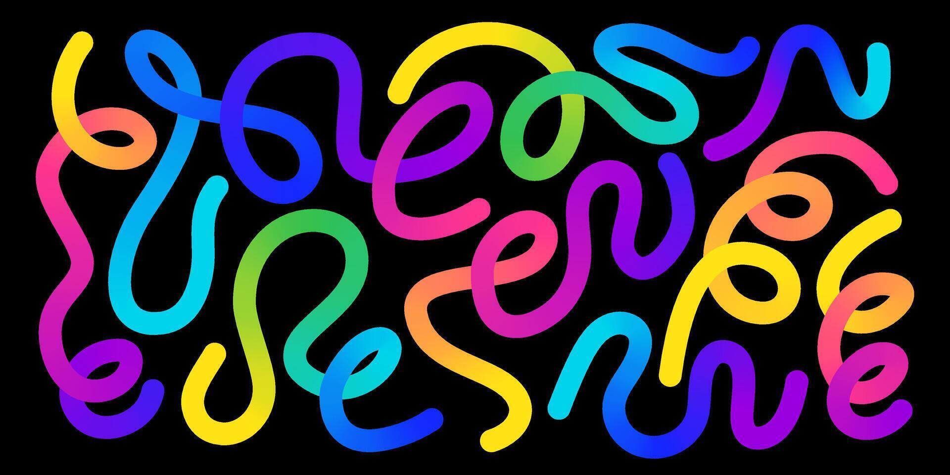 Funky gradient organic line pattern with colorful wavy swirl shapes on black background vector