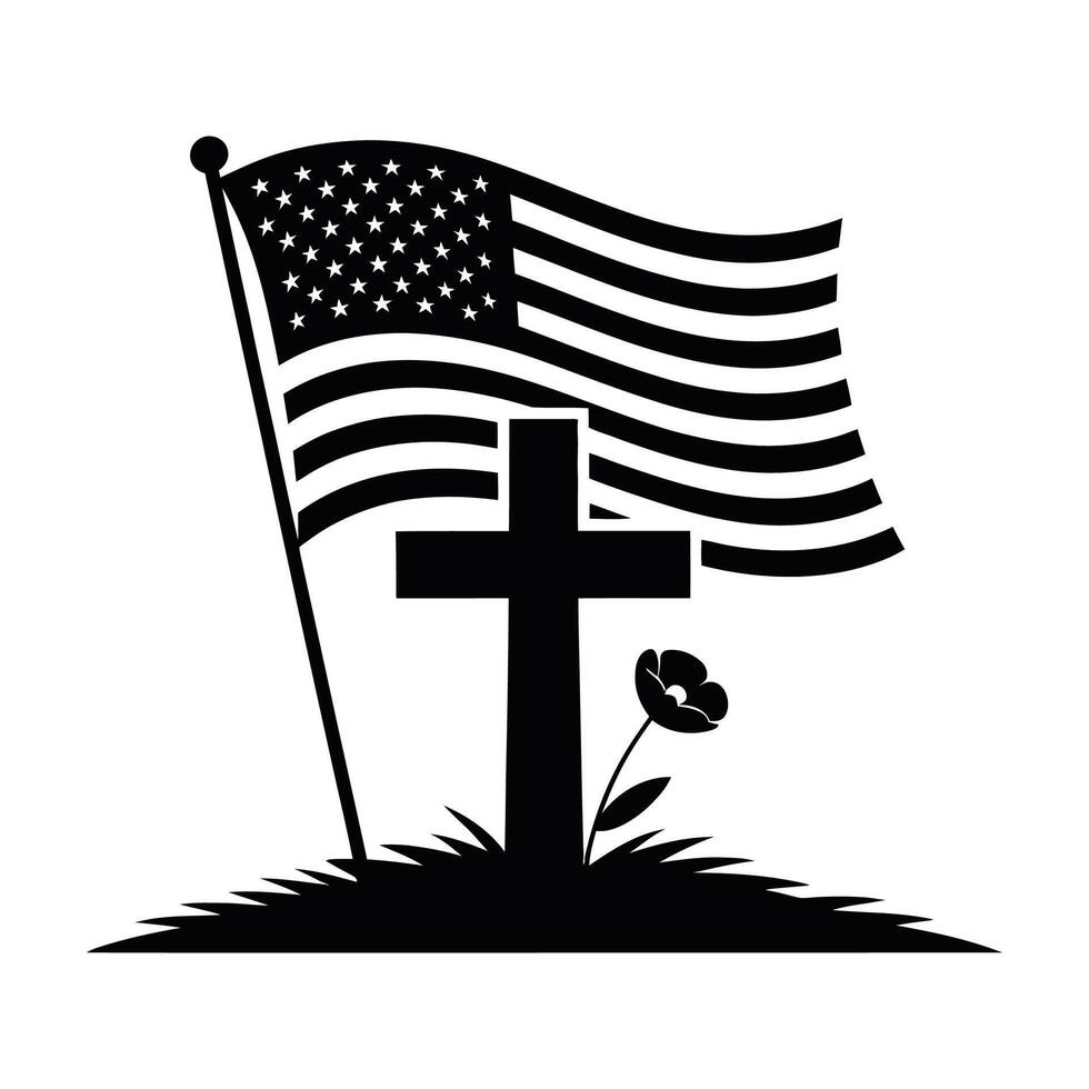 American flag and cross at a grave memorial silhouette vector