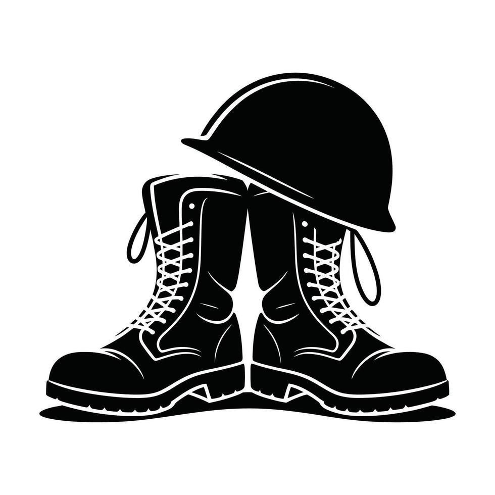 Military boots and helmet silhouette vector