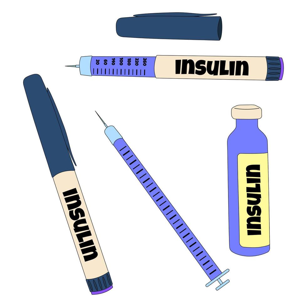 Set of insulin pens, syringe, and vial - diabetes mellitus treatment tools for blood sugar control. Flat medical illustration isolated on white background. Concept of chronic illness and healthcare. vector