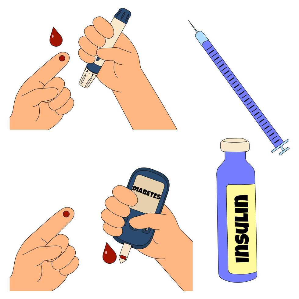 Set of diabetes management tools including insulin syringe, insulin vial, glucose meter, lancet device, and finger . Medical illustration isolated on white background. Chronic illness, healthcare vector