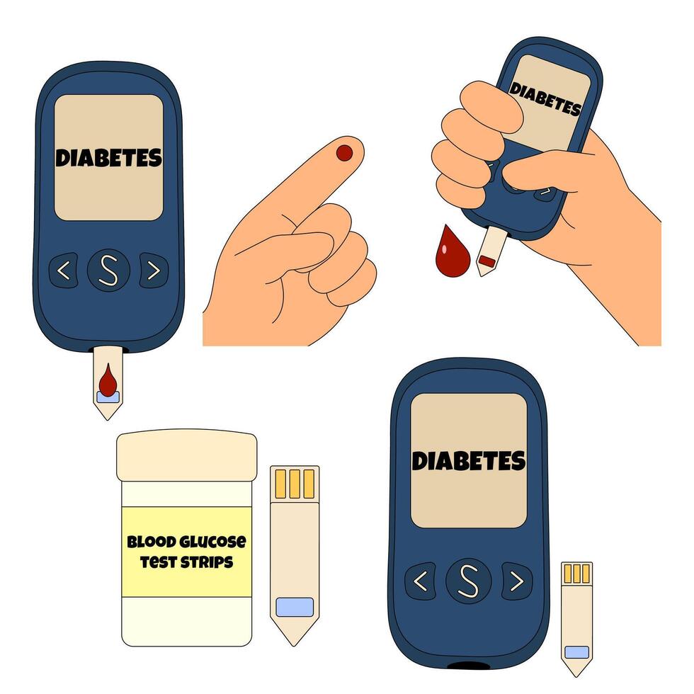 Set of blood glucose meter, test strips, and finger for diabetes mellitus diagnosis and monitoring concept. medical illustration isolated on white background. Chronic illness, healthcare. vector