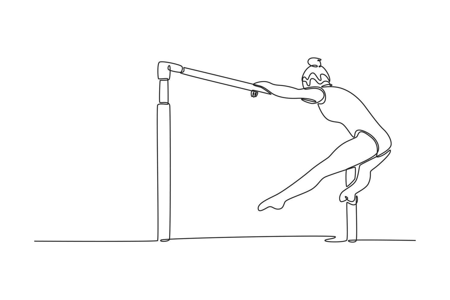 Single one line drawing attractive female gymnast swinging on uneven bars while doing muscle up exercise during calisthenics workout in arena. Continuous line draw design graphic illustration vector